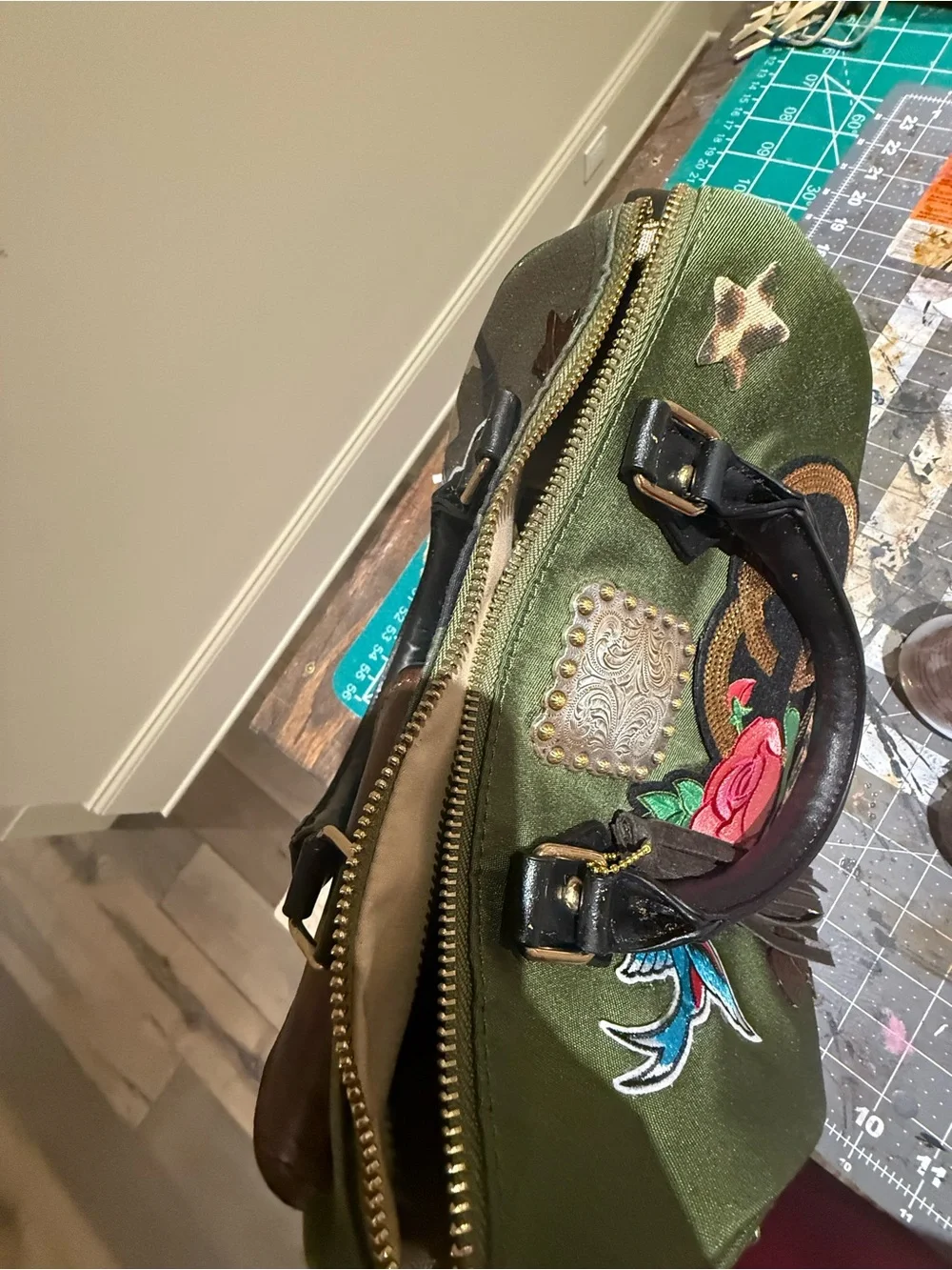 Handy Embroidered Fringe Canvas Satchel — Olive Green with Brown Accents
